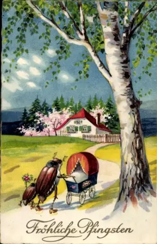 Litho Glückwunsch Pfingsten, Maikäfer, Birke