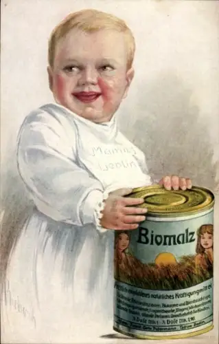 Künstler Ak Kind, Gesund und kräftig bleiben Kinder durch Biomalz, Reklame
