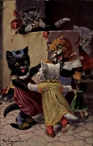 Künstler Ak Thiele, Arthur, Das Glück im Winkel, vermenschlichte tanzende Katzen