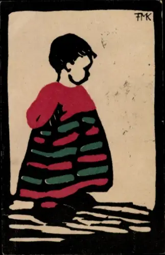 Künstler Ak Kind in grün-rotem Mantel, gemaltes Bild