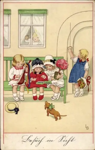 Künstler Ak Döring, Lia, Kinder mit Blumen und Pralinen, Laute, Dackel