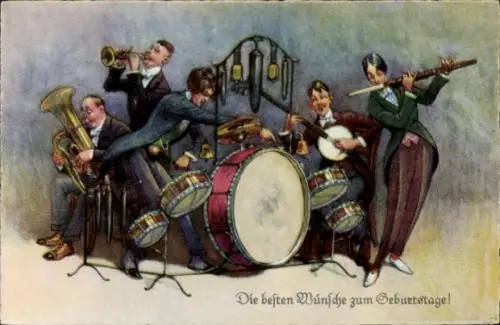 Ak Glückwunsch Geburtstag, Musiker spielen Glückwunschlied, Trommel, Flöte, Banjo, Trompete, Tuba