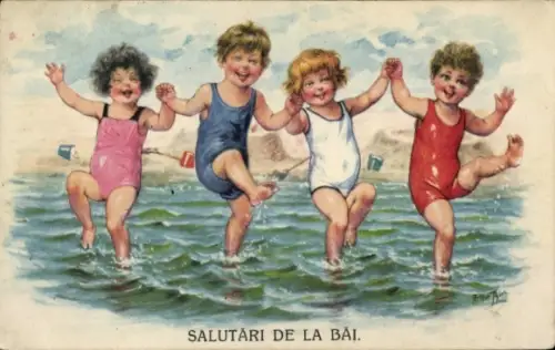 Künstler Ak Thiele, Arthur, Kinder in Badeanzügen, Strand