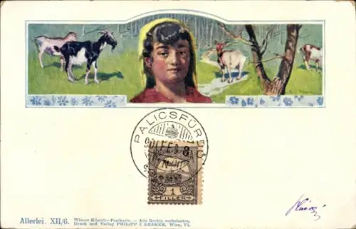 Ak Mädchen-Porträt, Ziegen, Wiese