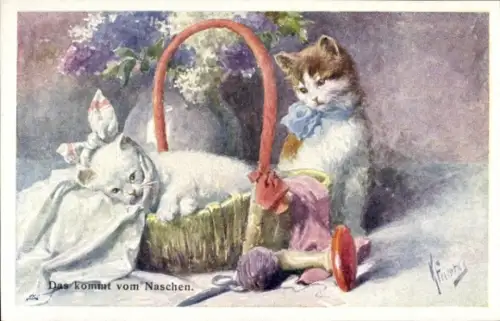 Künstler Ak Feiertag, Karl, Das kommt vom Naschen, Kätzchen, Korb, BKWI 170 3