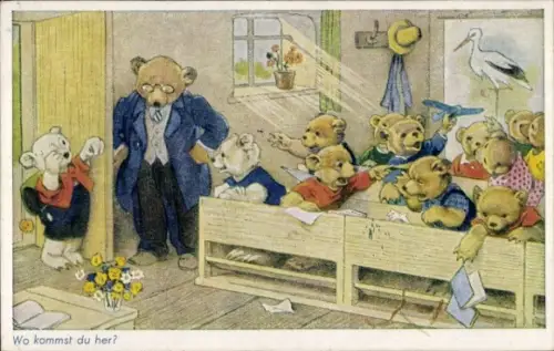 Künstler Ak Baumgarten, Fritz, Wo kommst du her? Bären, Klassenzimmer