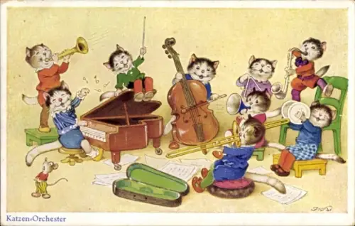 Künstler Ak Baumgarten, Fritz, Katzenorchester, vermenschlichte Katzen