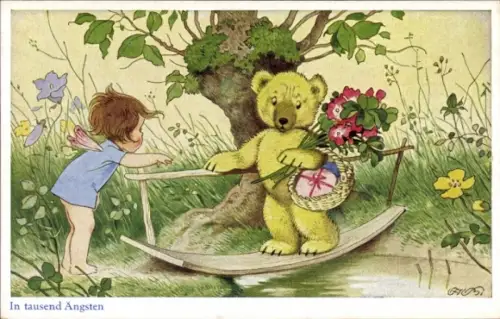 Künstler Ak Baumgarten, Fritz, In tausend Ängsten, Teddy, Fee