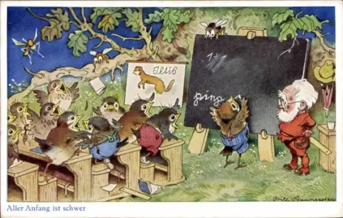 Künstler Ak Baumgarten, Fritz, Aller Anfang ist schwer, vermenschlichte Vögel in der Schule, Zwerg