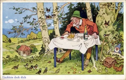 Künstler Ak Baumgarten, Fritz, Tischlein deck dich, Vögel, Zwerg, Eichhörnchen