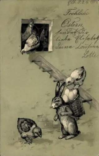 Präge Litho Glückwunsch Ostern, Osterhase, Küken, Hühner, Ostereier