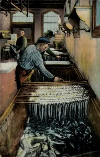 Ak Fischer, Fischfang, Arbeit in der Fabrik