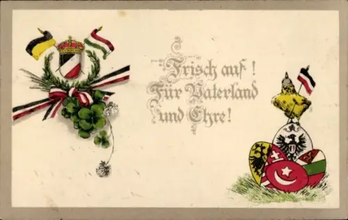 Ak Glückwunsch Ostern, Küken mit Fahne, Türkenfahne, Glücksklee, Waffenbrüderschaft