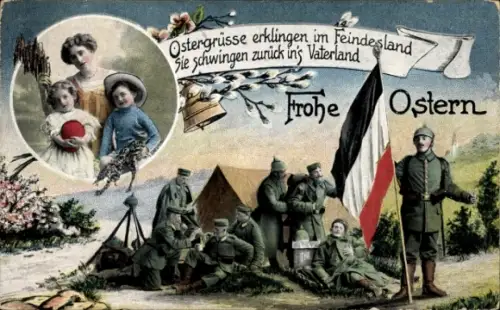 Ak Glückwunsch Ostern, Soldaten, Weidenkätzchen, Glocke, Familie