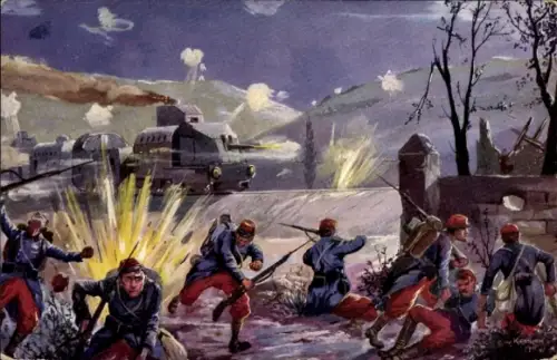 Künstler Ak Kiesslich, C. W., Französische Vorposten im Gefecht mit deutschem Panzerzug, 1. WK