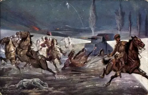 Künstler Ak Kiesslich, Reitergefecht in Nordfrankreich, Schlacht, dt. Ulanen, französische Dragoner