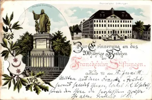 Litho Halle an der Saale, 200 Jahre Bestehen der Francke'schen Stiftungen, Francke-Denkmal