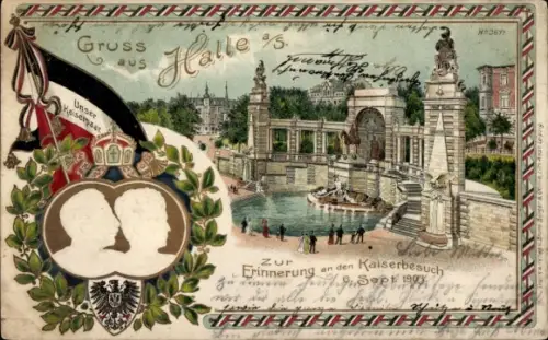 Präge Litho Halle an der Saale, Kaiserpaar, Kaiserbesuch am 6. September 1903