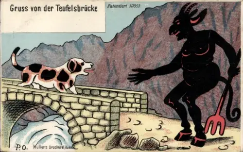 Künstler Ak Teufelsbrücke, Teufel, Hund, Felsen