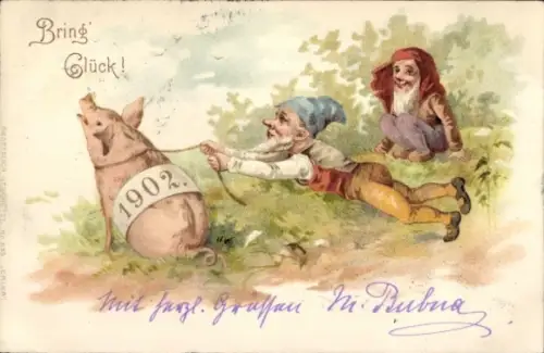 Litho Glückwunsch Neujahr 1902, Zwerge, Schwein