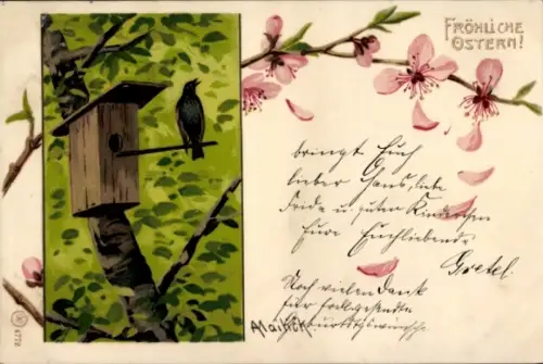 Künstler Litho Mailick, Glückwunsch Ostern, Star an einem Vogelhaus