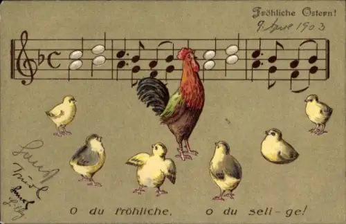 Ak Glückwunsch Ostern, Singende Küken, Hahn, Noten