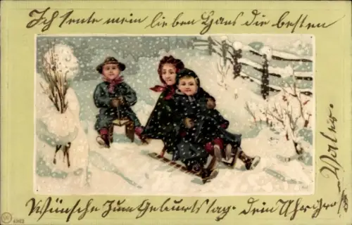 Präge Litho Neujahr, Kinder fahren Schlitten, Schneemann, Schneefall