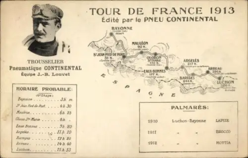 Landkarten CPA Tour de France 1913, Trousselier, Reklame Pneumatique Continental