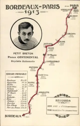 CPA Bordeaux-Paris 1913, Petit Breton, Reklame Pneus Continental, Automoto