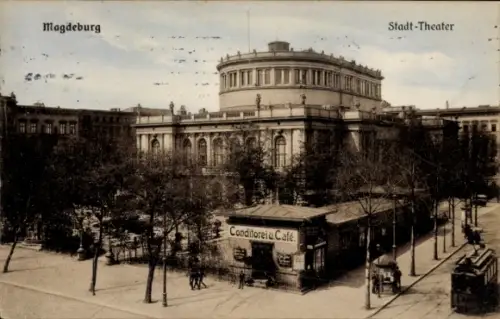 Ak Magdeburg in Sachsen Anhalt, Stadttheater, Konditorei, Straßenbahn
