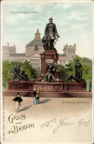 Ak Berlin Mitte, Alexanderplatz, Bismarck Denkmal, Reichstagsgebäude, Gruss aus  16. Juni 1901
