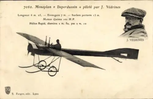 CPA Monoplan Deperdussin, piloté par J. Védrines