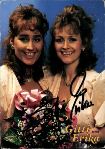 Autogrammkarte Sängerinnen Duo Gitti und Erika, Portrait, Autogramme