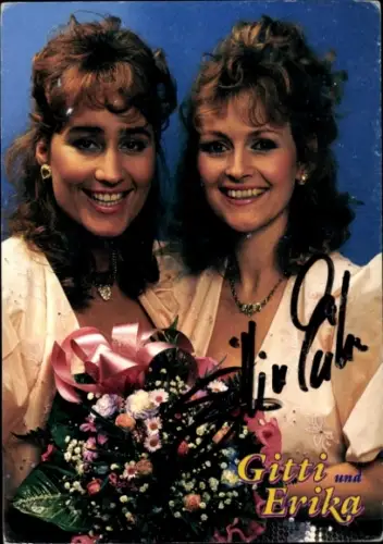 Autogrammkarte Sängerinnen Duo Gitti und Erika, Portrait, Autogramme