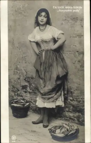 Künstler Ak Fischhändlerin, Körbe, Fische