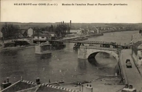 Ak Beaumont sur Oise Val d'Oise, Überreste der alten Brücke und provisorische Fußgänger Brücke