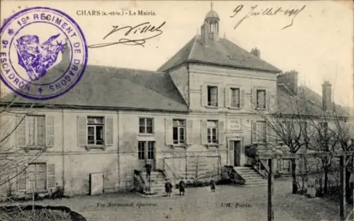 Ak Chars Val d'Oise, Vorderansicht des Rathauses, Mairie, Leute, Geschäfte, Stadtansicht