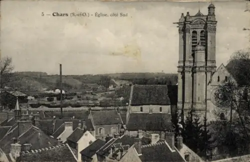 Ak Chars Val d'Oise, Eglise côté Sud, Häuser, Eisenbahn, Landschaft