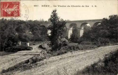 Ak Méry sur Seine Aube, Viaduc, Eisenbahnbrücke, Landschaft, schwarz-weiß