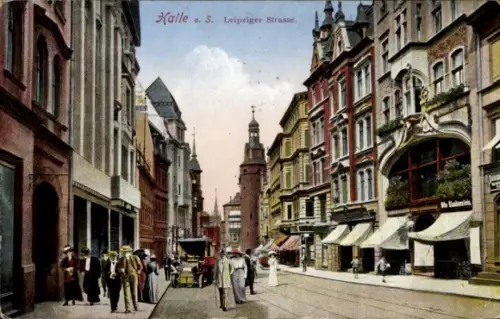 Ak Halle an der Saale, Blick auf Leipziger Straße,  Gebäude, Menschen, Pferdewagen