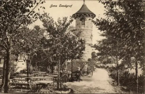 Ak Jena in Thüringen, Türmchen, Bäume, Stühle, Tische, Garten, 