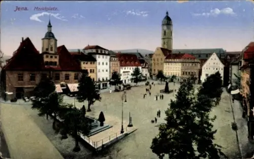 Ak Jena in Thüringen, Marktplatz in  farbenfrohe Landschaft,  Gebäude, Menschen