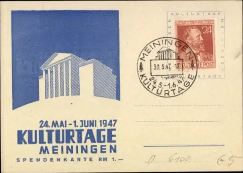 Ak Meiningen in Thüringen, Kulturtage,  Spendenkarte, Datum 24. Mai-1. Juni 1947, H. Stephan