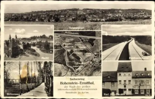 Ak Hohenstein Ernstthal, Markt, Autobahn, Birkenweg Haynholz, Karl May Haus, Sachsenring