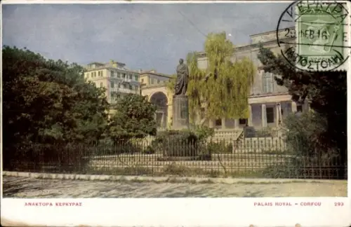 Ak Korfu Griechenland, Palais Royal, Statue, Grünes Umfeld, Historische Architektur