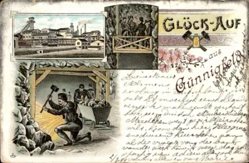 Litho Günnigfeld Wattenscheid Bochum im Ruhrgebiet, Zeche, Bergleute, Glück auf!
