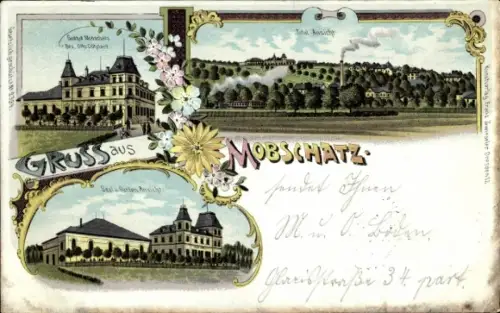 Litho Dresden Mobschatz, Gasthof Otto Döhnert, Saal und Garten, Gesamtansicht