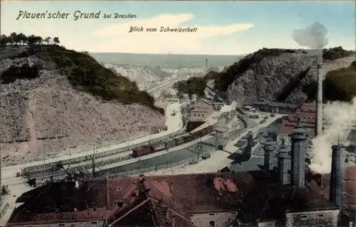 Ak Dresden Plauen, Plauenscher Grund, Blick vom Schweizerbett, Fabrik, Eisenbahn