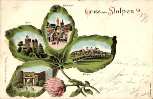 Kleeblatt Litho Stolpen in Sachsen, Gesamtansicht, Gräfin Kosel, Ruine, Tor