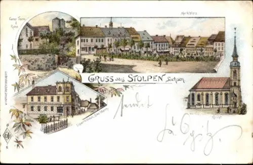 Litho Stolpen in Sachsen, Marktplatz, Kirche, Coselturm, Ruine, Zigarrenhaus